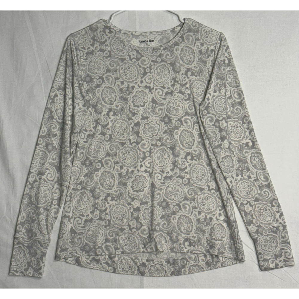 Lands' End Shirt SM Women's White Gray‎ Paisley Long Sleeve Pullover Translucent